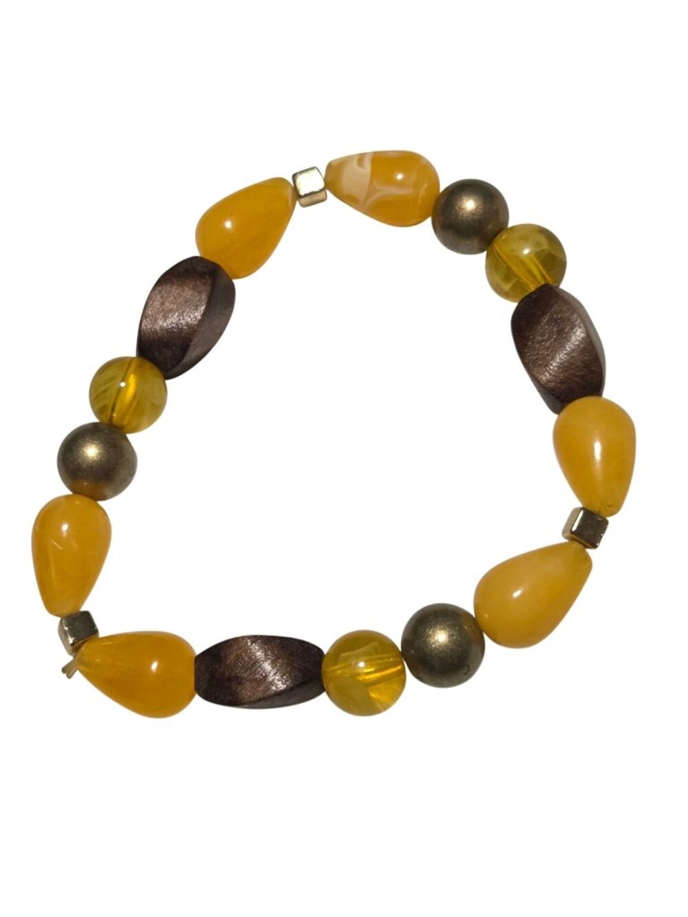 Retrod Beaded Stretch Bracelet Brown Yellow Beads Mixed Shapes Fashion Jewelry